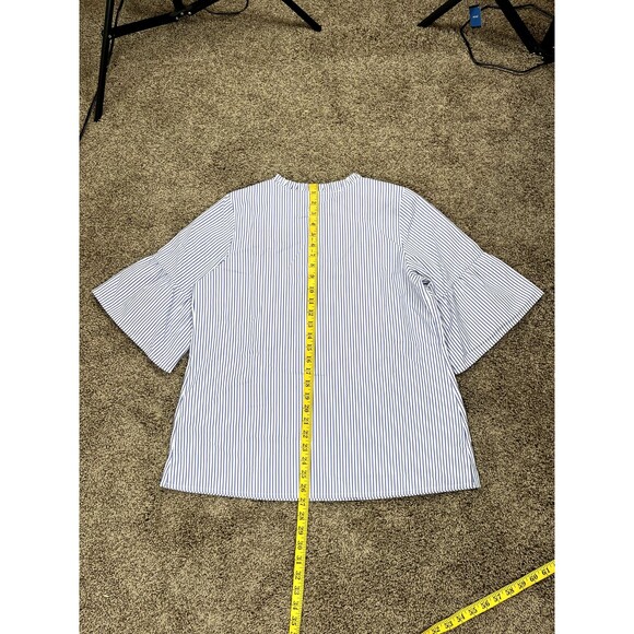 Quacker Factory by Jeanne Bice Floral Pop Over Blouse Top Striped Blue M - Picture 5 of 5